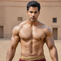 Varun Dhawan, an Indian actor, portrayed as a muscular Greek god with traditional attire and features