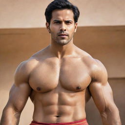 Varun Dhawan, an Indian actor, portrayed as a muscular Greek god with traditional attire and features