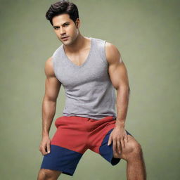 Varun Dhawan, an Indian actor, depicted muscular and wearing shorts in a stylized advertisement setting