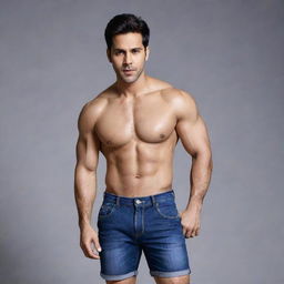 Varun Dhawan, an Indian actor, depicted muscular and wearing shorts in a stylized advertisement setting