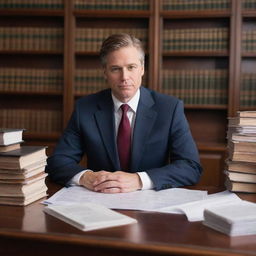 A professional and businesslike lawyer in a well-lit office, with stacks of divorce paperwork on a polished wooden desk, set against a backdrop of bookshelves filled with legal textbooks.