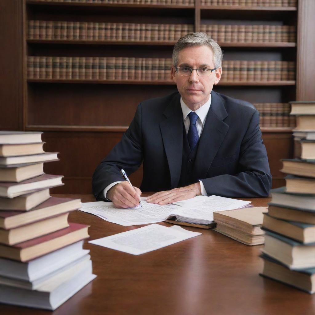 A professional and businesslike lawyer in a well-lit office, with stacks of divorce paperwork on a polished wooden desk, set against a backdrop of bookshelves filled with legal textbooks.