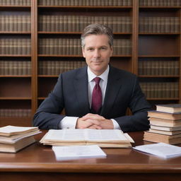 A professional and businesslike lawyer in a well-lit office, with stacks of divorce paperwork on a polished wooden desk, set against a backdrop of bookshelves filled with legal textbooks.