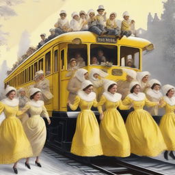 A high-quality digital art image depicts an old train with people celebrating on top