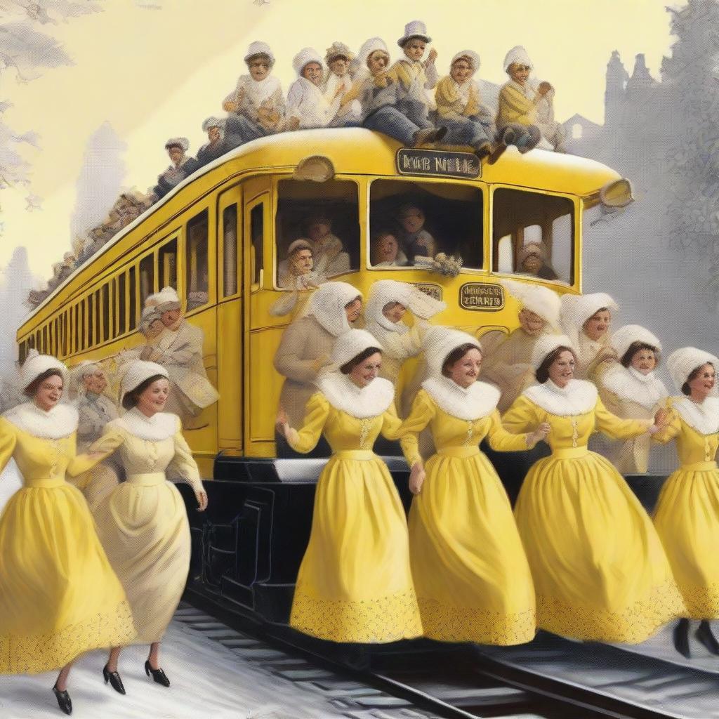A high-quality digital art image depicts an old train with people celebrating on top