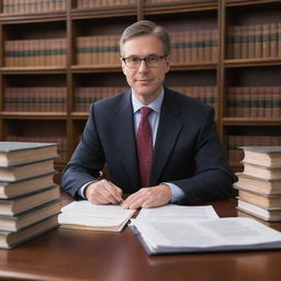 A professional and businesslike lawyer in a well-lit office, with stacks of divorce paperwork on a polished wooden desk, set against a backdrop of bookshelves filled with legal textbooks.