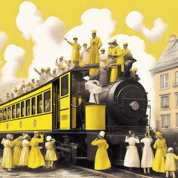 A high-quality digital art image depicts an old train with people celebrating on top