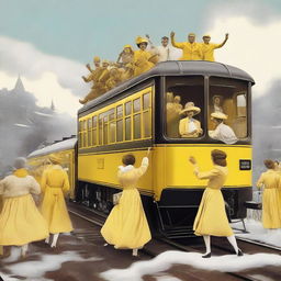 A high-quality digital art image depicts an old train with people celebrating on top