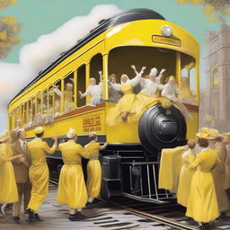 A high-quality digital art image depicts an old train with people celebrating on top