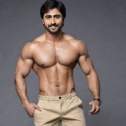 A stylish advertisement featuring Indian actor Harshad Chopda. He is muscular, wearing shorts, and has a subtle smile on his face.