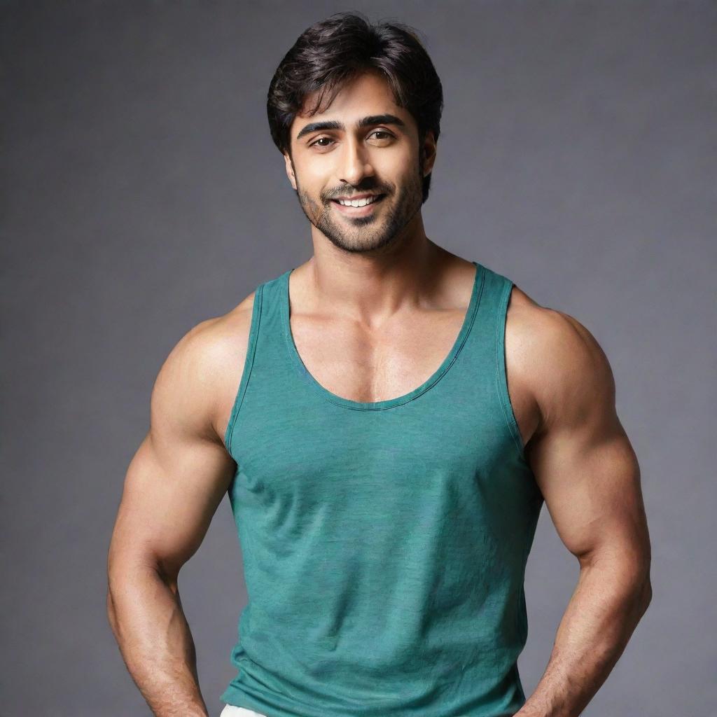 A stylish advertisement featuring Indian actor Harshad Chopda. He is muscular, wearing shorts, and has a subtle smile on his face.