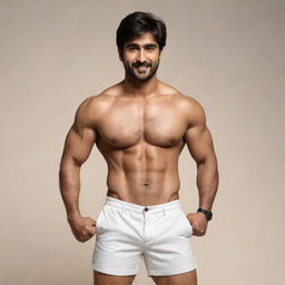 A stylish advertisement featuring Indian actor Harshad Chopda. He is muscular, wearing shorts, and has a subtle smile on his face.