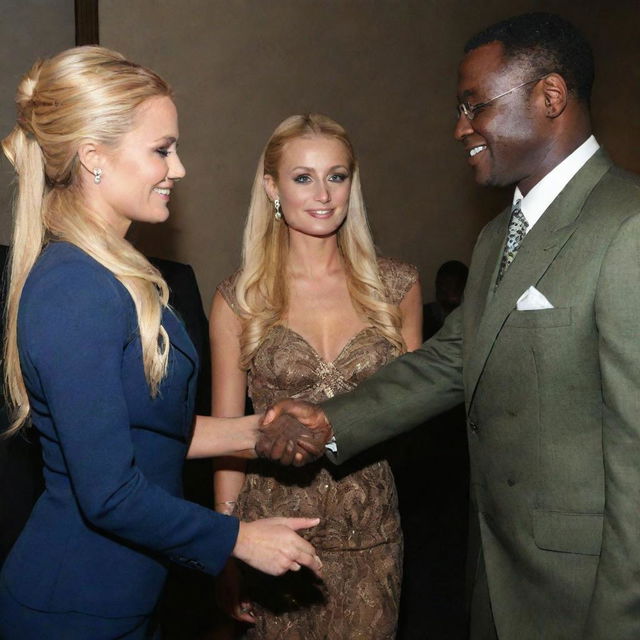 Paris Hilton, dressed in a stylish outfit, shaking hands with a dignified African warlord, both smiling and exuding an air of mutual respect.