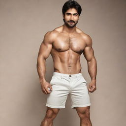 Indian actor Harshad Chopda, muscular and athletic, wearing shorts in a stylish advertisement. He conveys a soft, low smile on his face.