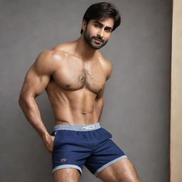 Indian actor Harshad Chopda, muscular and athletic, wearing shorts in a stylish advertisement. He conveys a soft, low smile on his face.