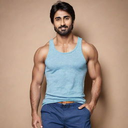 Indian actor Harshad Chopda, muscular and athletic, wearing shorts in a stylish advertisement. He conveys a soft, low smile on his face.