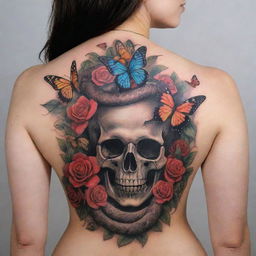 A back tattoo featuring a sinuous snake, adorned with vibrant butterflies, blooming roses, and a mysteriously eerie skull.