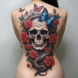 A back tattoo featuring a sinuous snake, adorned with vibrant butterflies, blooming roses, and a mysteriously eerie skull.