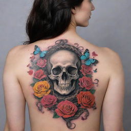 A back tattoo featuring a sinuous snake, adorned with vibrant butterflies, blooming roses, and a mysteriously eerie skull.