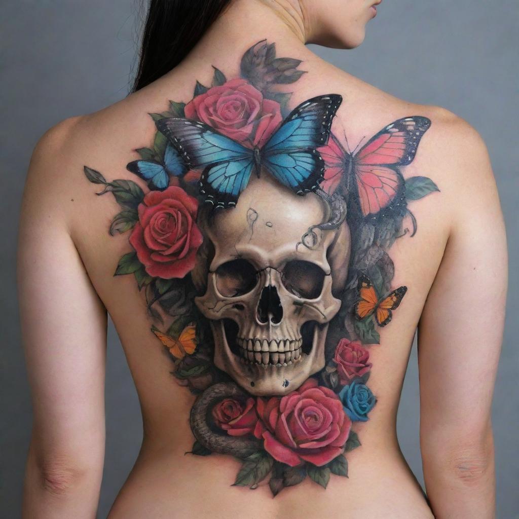 A back tattoo featuring a sinuous snake, adorned with vibrant butterflies, blooming roses, and a mysteriously eerie skull.