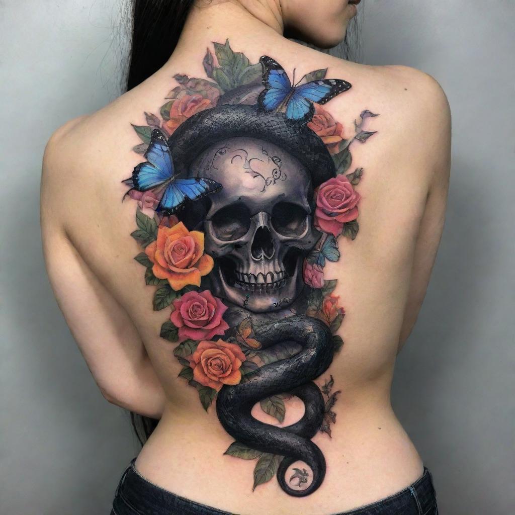 A black snake tattoo extending along the spine, adorned with colorful butterflies, intricate roses, and an enigmatic skull