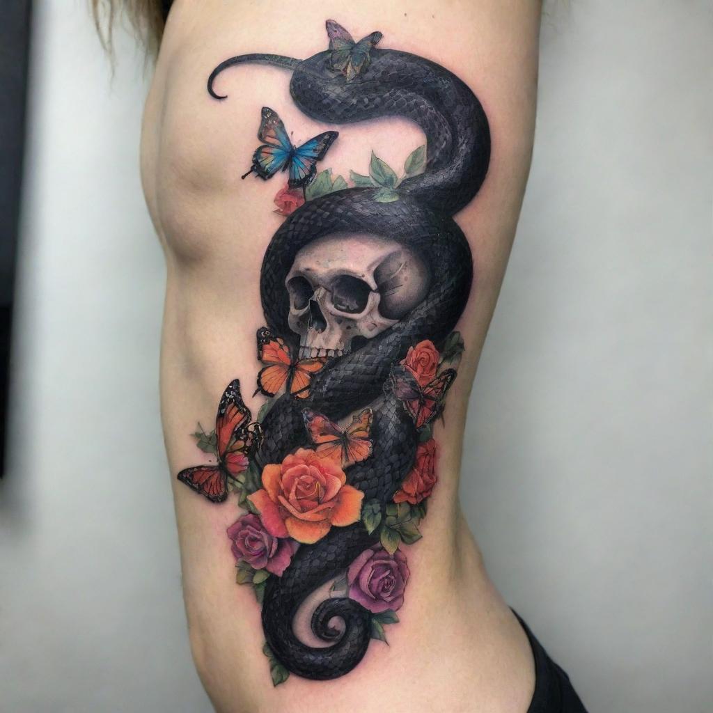 A black snake tattoo extending along the spine, adorned with colorful butterflies, intricate roses, and an enigmatic skull