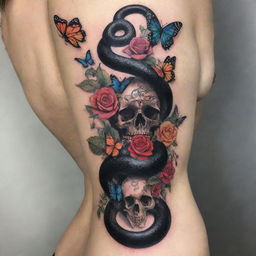 A black snake tattoo extending along the spine, adorned with colorful butterflies, intricate roses, and an enigmatic skull