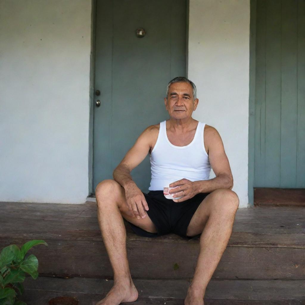 A wall clock on Mr. Bakti's porch shows 08:43 as he relishes his cup of coffee and favorite fried snacks. With his typical attire of singlet and sarong, he sits leisurely on the porch.