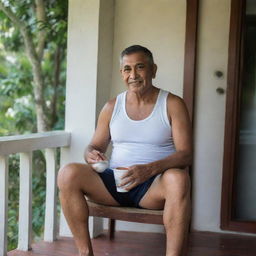 A wall clock on Mr. Bakti's porch shows 08:43 as he relishes his cup of coffee and favorite fried snacks. With his typical attire of singlet and sarong, he sits leisurely on the porch.