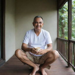 A wall clock on Mr. Bakti's porch shows 08:43 as he relishes his cup of coffee and favorite fried snacks. With his typical attire of singlet and sarong, he sits leisurely on the porch.