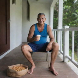 A wall clock on Mr. Bakti's porch shows 08:43 as he relishes his cup of coffee and favorite fried snacks. With his typical attire of singlet and sarong, he sits leisurely on the porch.