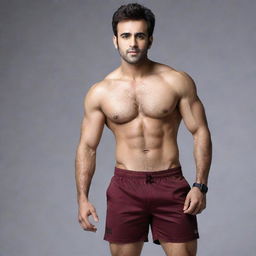 Pearl V Puri, an Indian actor, posed as athletic and muscular, wearing shorts in a modern advertisement setting.