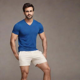 Pearl V Puri, an Indian actor, posed as athletic and muscular, wearing shorts in a modern advertisement setting.