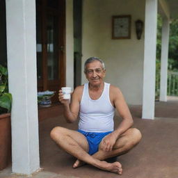 A wall clock on Mr. Bakti's porch showing the time as 08:43. Mr. Bakti, dressed in his typical singlet and sarong, is casually seated, savoring a cup of coffee with his favorite fried snacks.