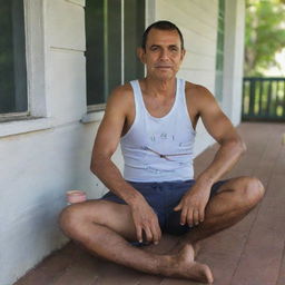 A wall clock on Mr. Bakti's porch showing the time as 08:43. Mr. Bakti, dressed in his typical singlet and sarong, is casually seated, savoring a cup of coffee with his favorite fried snacks.