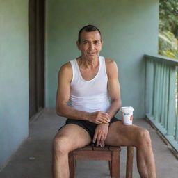 A wall clock on Mr. Bakti's porch showing the time as 08:43. Mr. Bakti, dressed in his typical singlet and sarong, is casually seated, savoring a cup of coffee with his favorite fried snacks.