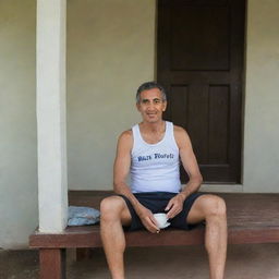 A wall clock on Mr. Bakti's porch showing the time as 08:43. Mr. Bakti, dressed in his typical singlet and sarong, is casually seated, savoring a cup of coffee with his favorite fried snacks.