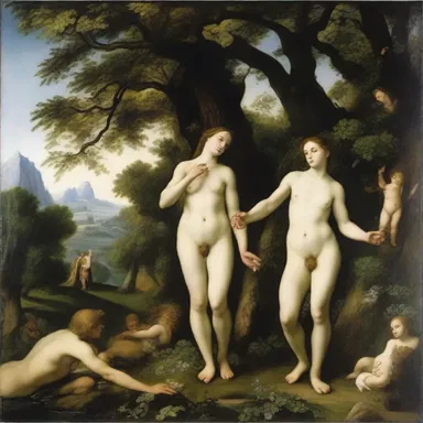 Many famous landscape paintings were created during the Renaissance period and depicted biblical scenes, such as Adam and Eve in the Garden of Eden.