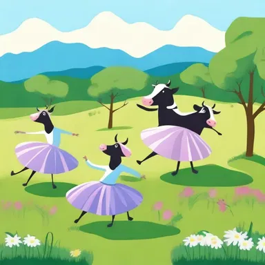 A light-hearted landscape painting could be a joke illustration of a humorous scene, like a group of cows dancing in tutus in a meadow.