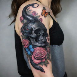 A black snake arm tattoo, embellished with vibrant butterflies, detailed roses, and a subtle skull intertwined with the snake's body