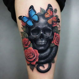 A black snake arm tattoo, embellished with vibrant butterflies, detailed roses, and a subtle skull intertwined with the snake's body