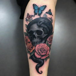 A black snake arm tattoo, embellished with vibrant butterflies, detailed roses, and a subtle skull intertwined with the snake's body