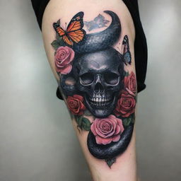 A black snake arm tattoo, embellished with vibrant butterflies, detailed roses, and a subtle skull intertwined with the snake's body