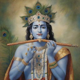 Artistic depiction of Krishna, an Indian deity, adorned with traditional attire, playing the flute, with a peacock feather in his crown.