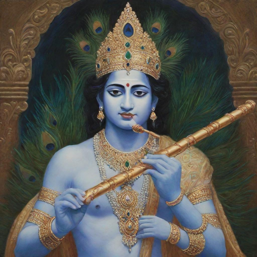 Artistic depiction of Krishna, an Indian deity, adorned with traditional attire, playing the flute, with a peacock feather in his crown.