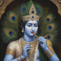 Artistic depiction of Krishna, an Indian deity, adorned with traditional attire, playing the flute, with a peacock feather in his crown.