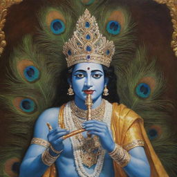 Artistic depiction of Krishna, an Indian deity, adorned with traditional attire, playing the flute, with a peacock feather in his crown.