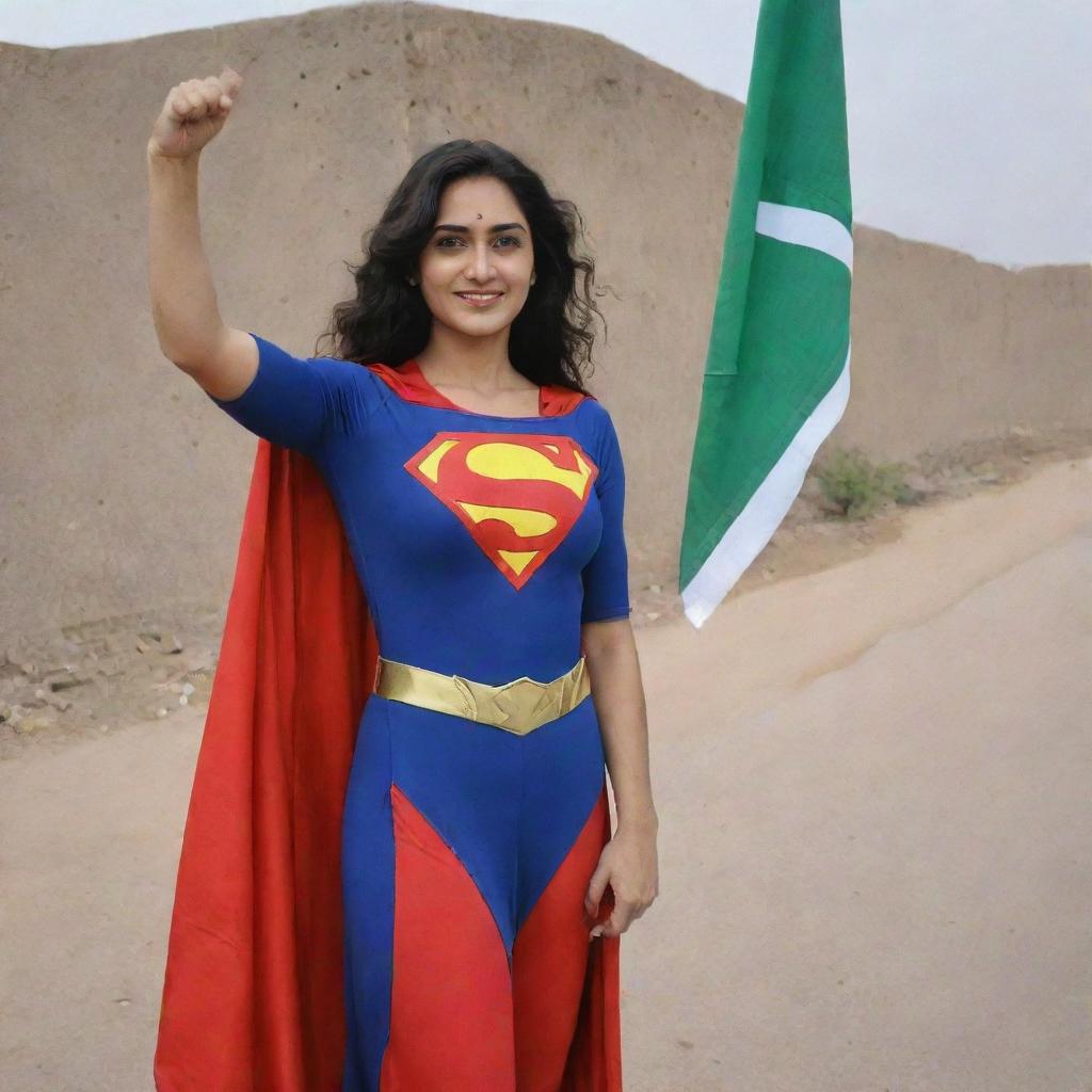 Superwoman proudly holding a Multan Matters flag in a heroic pose