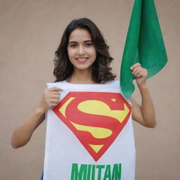 Superwoman proudly holding a Multan Matters flag in a heroic pose