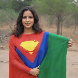 Superwoman proudly holding a Multan Matters flag in a heroic pose